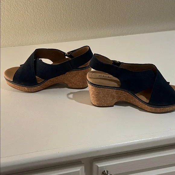 Clarks Dark Blue Wedge Sandals - Picture 6 of 11